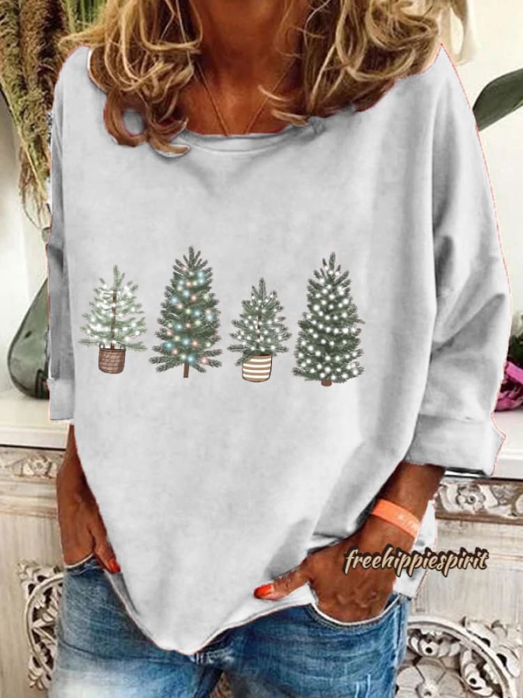 Women's Vintage Christmas Printed Long Sleeve V-Neck Top