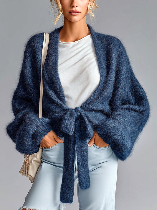 Taidalw Chic Vintage Navy V-Neck Lantern Sleeve Tie Waist Oversized Knit Corpped Cardigan