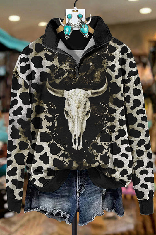 Western Cow Head Zipper Sweatshirt