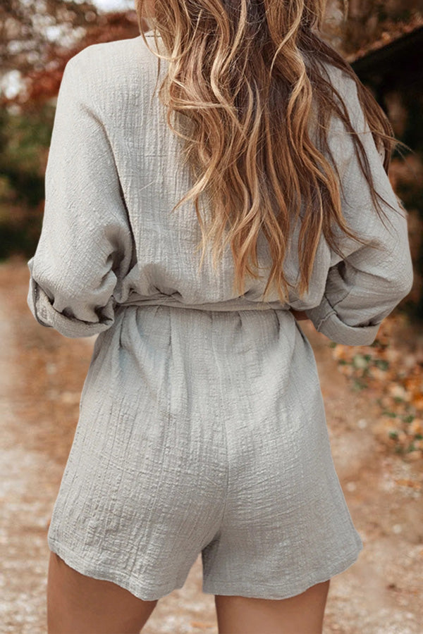 Cotton And Linen Buttoned Long-Sleeved Romper