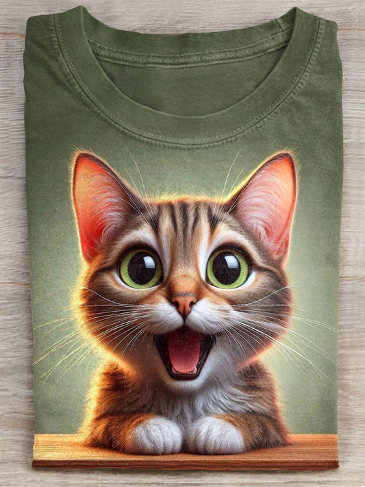 Happy Mood Cat Art Print Casaul Short Sleeve T-shirt