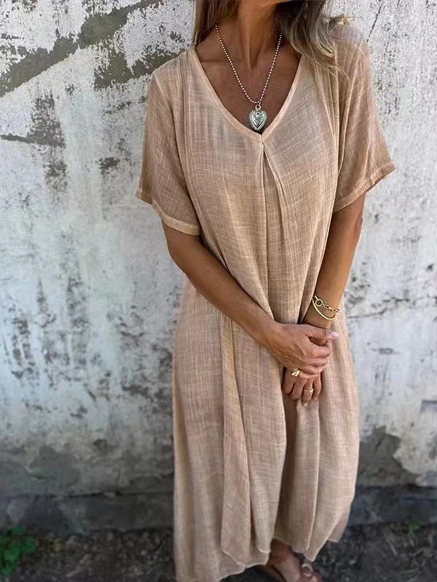 Stylish Cotton and Linen V-neck Dress