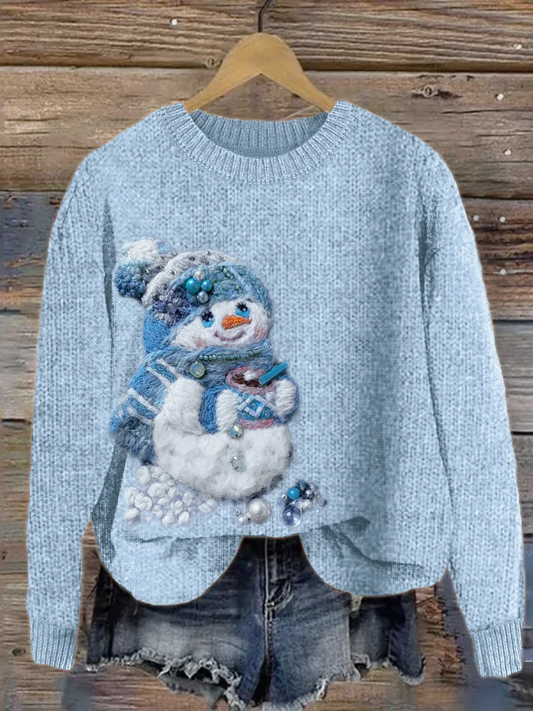 Women's Christmas Snowman Art Print Crew Neck Casual Knit Pullover