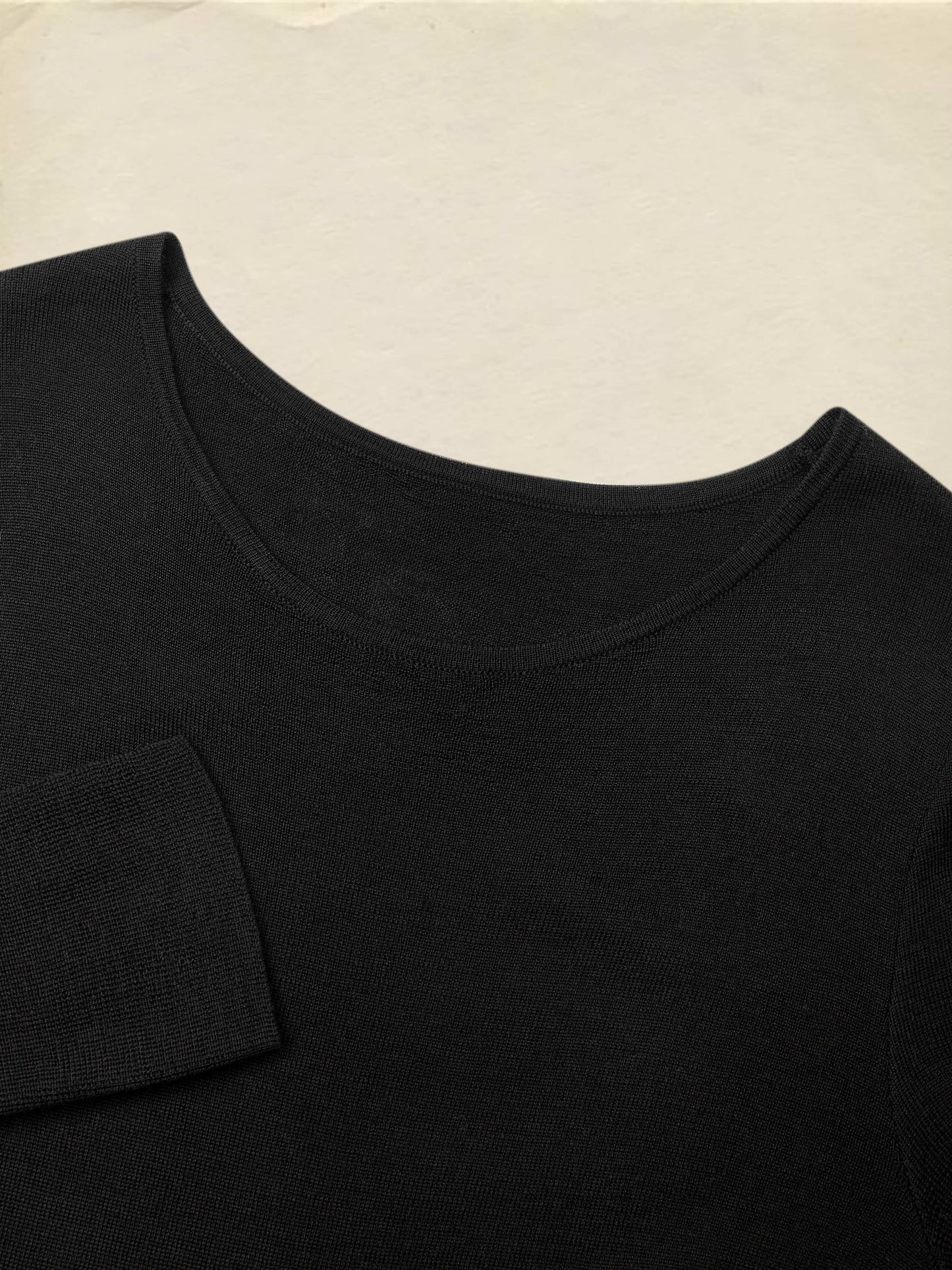 Maxi Dress, 100% Wool Top with Cotton Skirt, Long Sleeves, Round Neck, Plain, Belt Design, French Vintage, Black