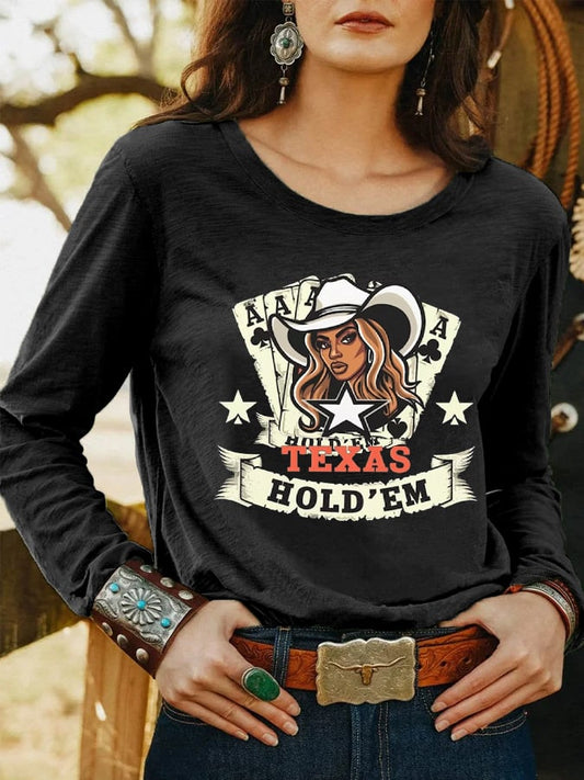 Women's Country Music Texas Hold 'Em Queen B Beyhive Cowgirl Casual Long-Sleeve T-Shirt