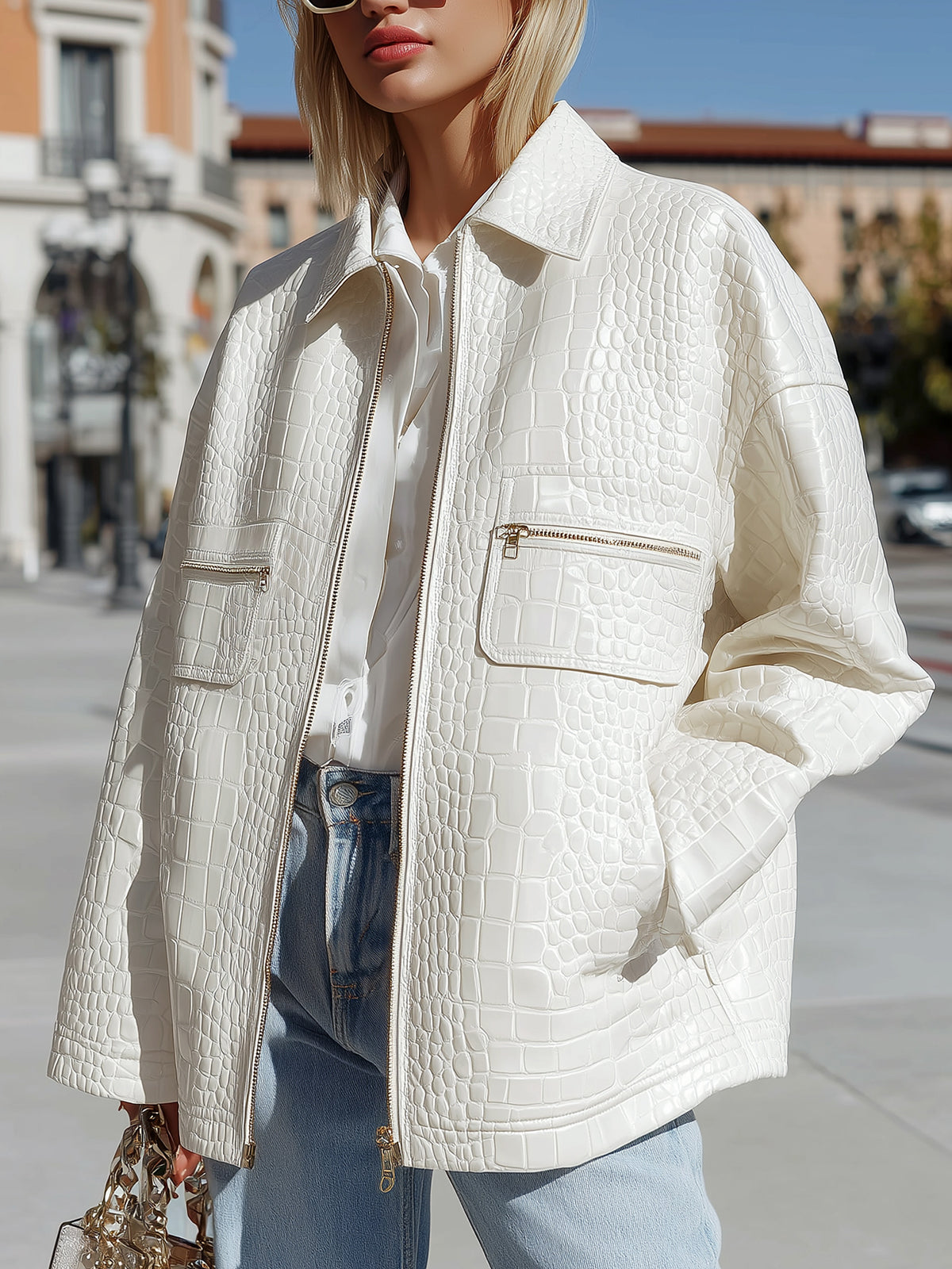 Taidalw Casual Chic White Crocodile Faux Leather Lapel Zip-front Oversized Jacket