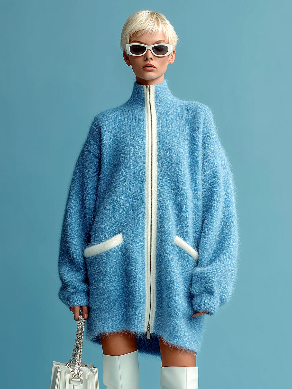 Taidalw Casual Chic Blue Stand Collar Zipper-Front Contrast Trim Oversized Long Sleeve Knit Cardigan