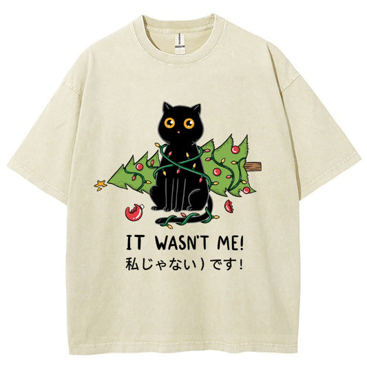 Unisex Christmas Cat Printed Washed Tee