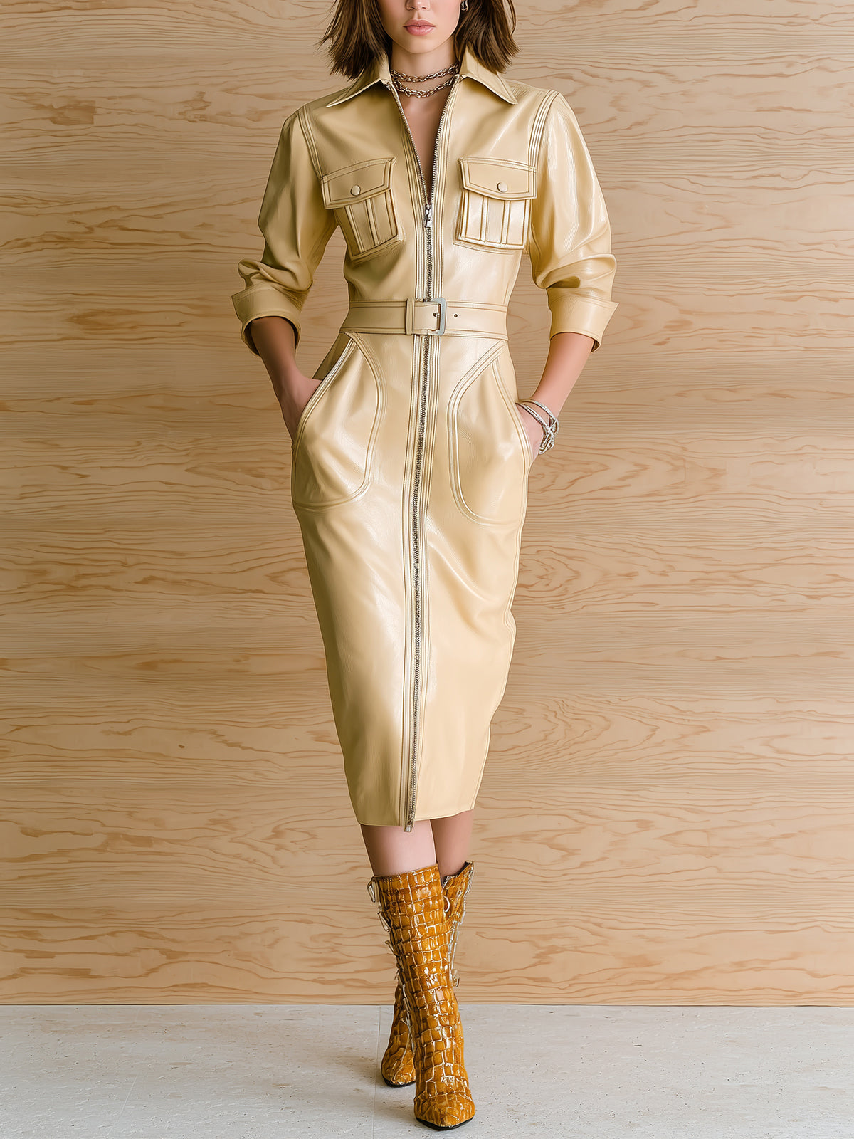 Taidalw Chic Vintage Light Khaki Faux Leather Lapel Zipper-Front ...