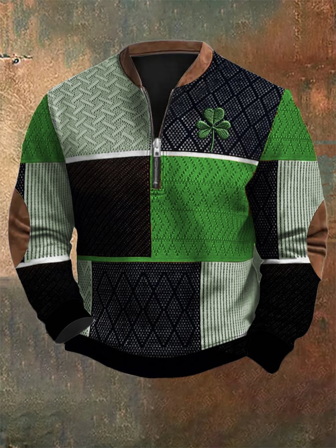 Men's St. Patrick's Day Textured Print Zip Collar Sweatshirt