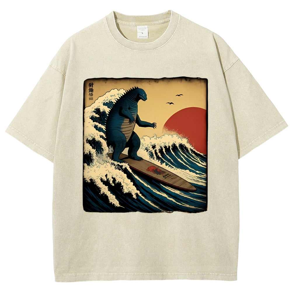 Unisex Vintage Japanese illustration Printed Washed Tee