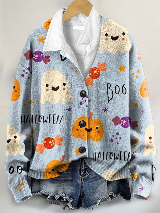 Halloween Pattern Art Print Buttoned V-neck Cardigan Sweater