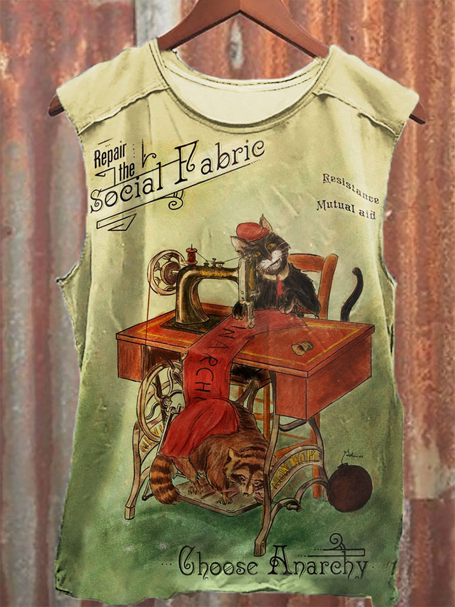 Repair The Social Fabric Funny Cat Print 100% Cotton Casual Tank Top