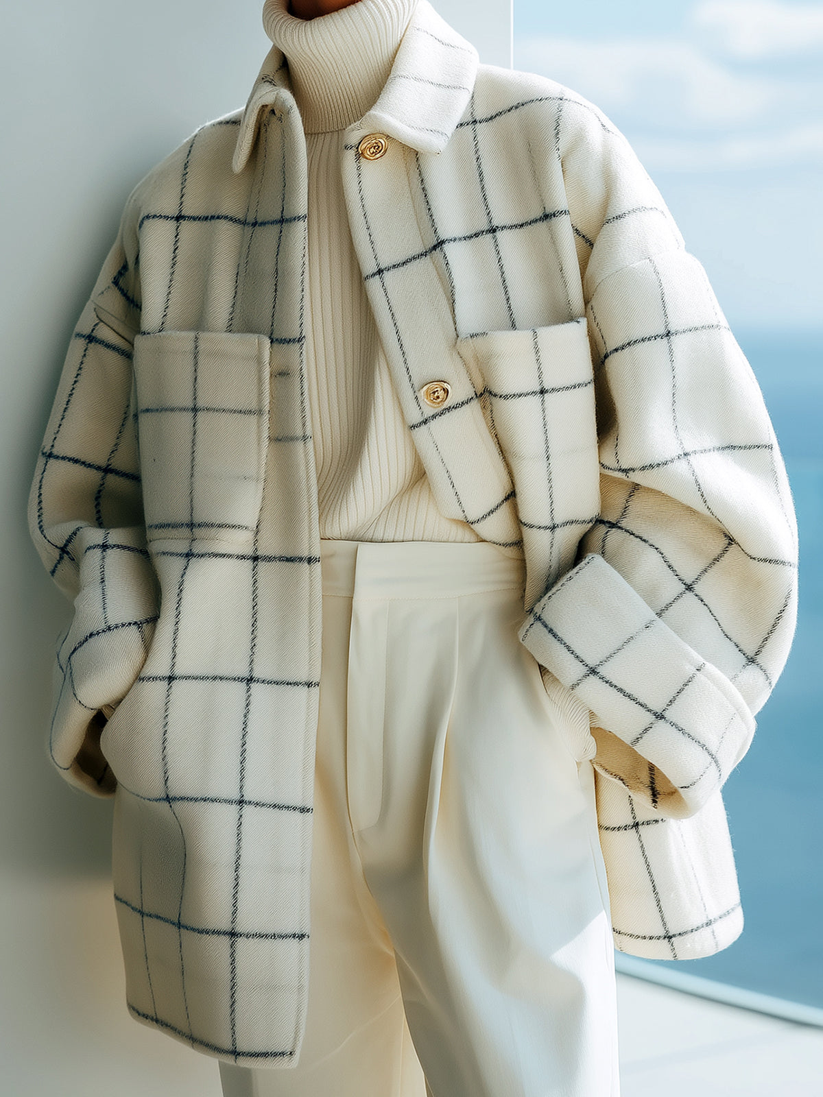 Taidalw Chic Vintage Contrast Plaid Wool Blend Lapel Single Breasted Patch Pocket Slouchy Mid-length Jacket