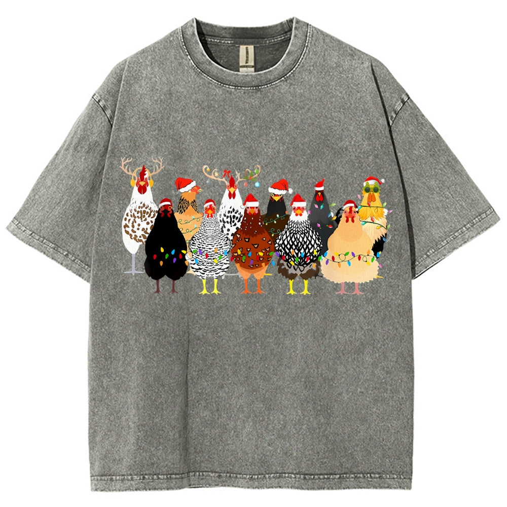 Unisex Christmas Chicken Printed Washed Tee