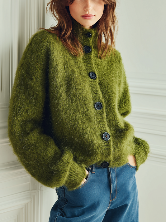 Taidalw Chic Vintage Green Stand Collar Single-breasted Long Sleeve Oversized Fuzzy Knit Cardigan