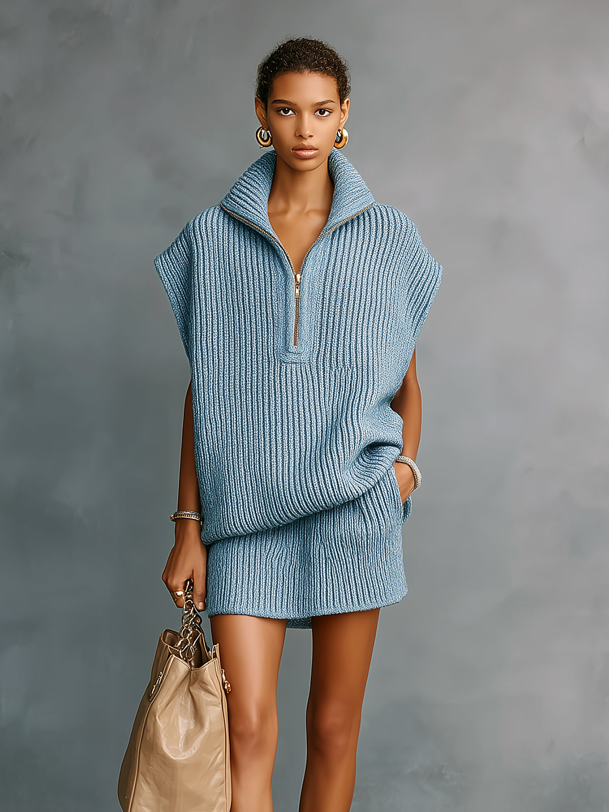 Taidalw Chic Elegant Blue Zipper-Up Stand Collar Wide Shoulder Sleeveless Oversize Sweater Top And Mini Skirt Ribbed Knit Two-Piece Set