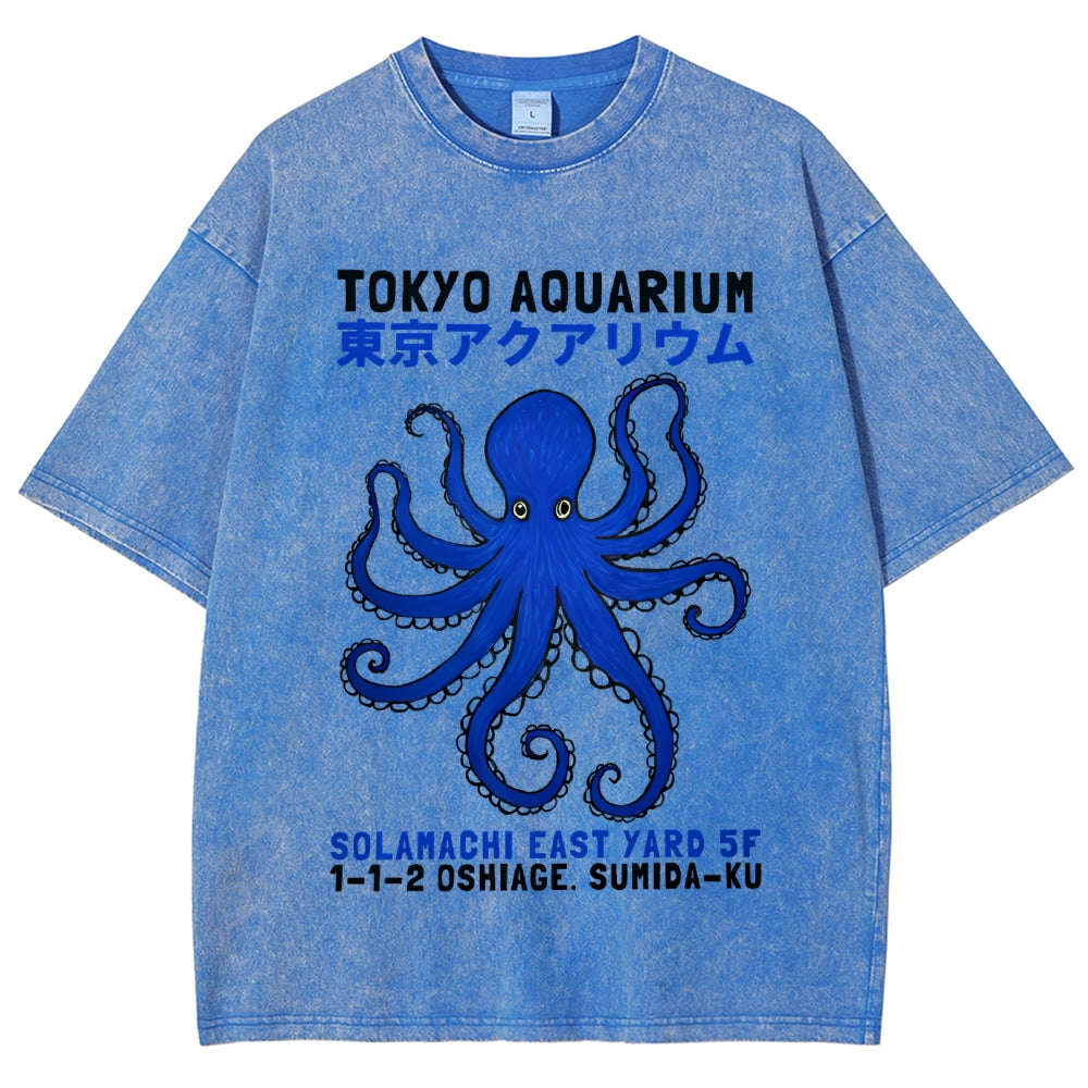 Unisex Japanese Style Octopus Printed Washed Tee