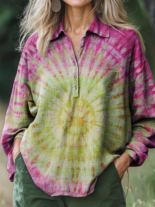 Women's Tie-dye Art Print Casual Cotton and Linen Shirt