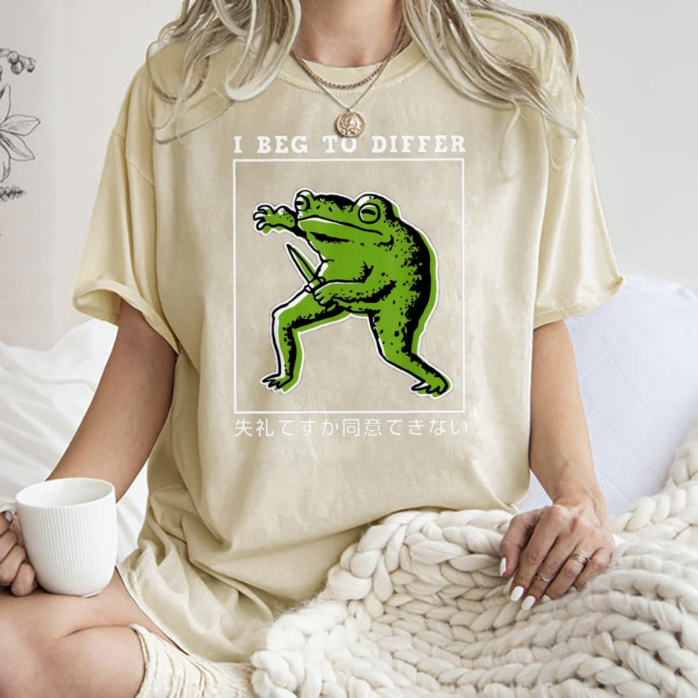 Unisex Japanese Frog Printed Washed Tee