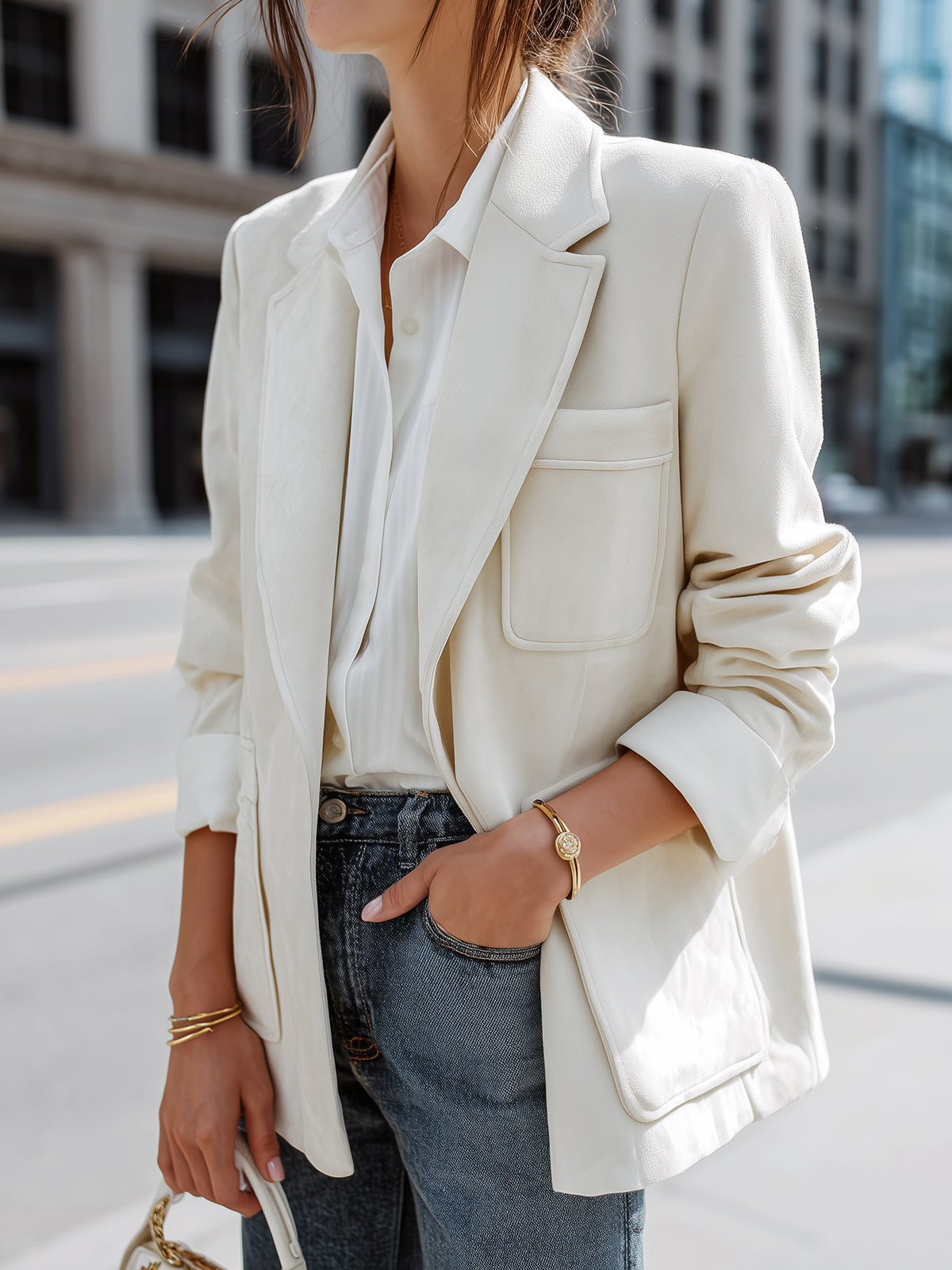 Taidalw Casual Office Cream White Faux Suede Notch Lapel Single-Breasted Patch Pockets Oversized Blazer