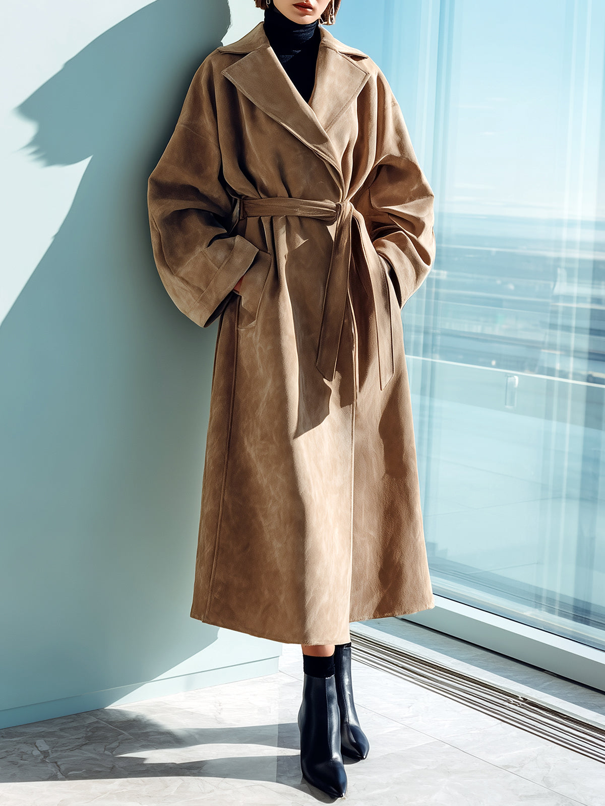 Taidalw Chic Vintage Camel Faux Suede Lapel Belted Relaxed Silhouette Long Wrap Coat