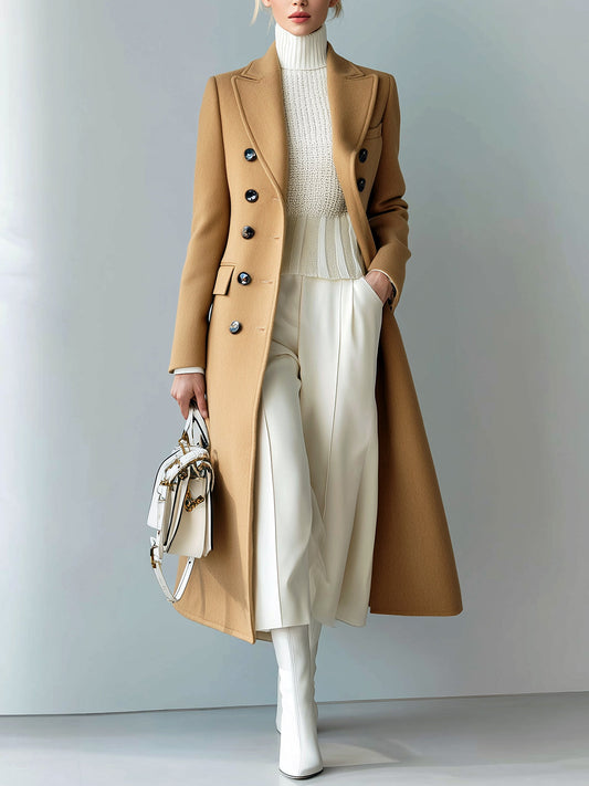 Taidalw Chic Casual Solid Color Wool Blend Peaked Lapel Double-Breasted Tailored Warm Long Coat