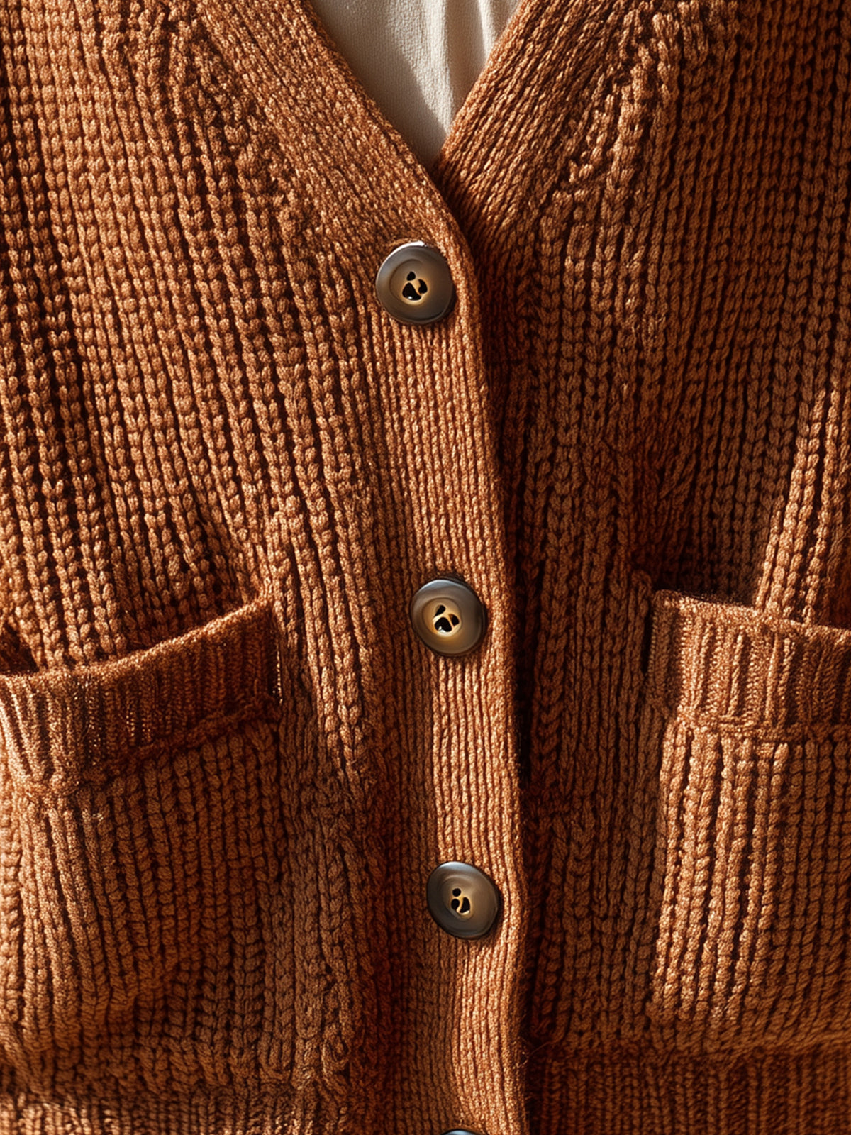 Taidalw Chic Vintage Brown V-Neck Single-breasted Patch Pocket Slouchy Textured Knit Cardigan