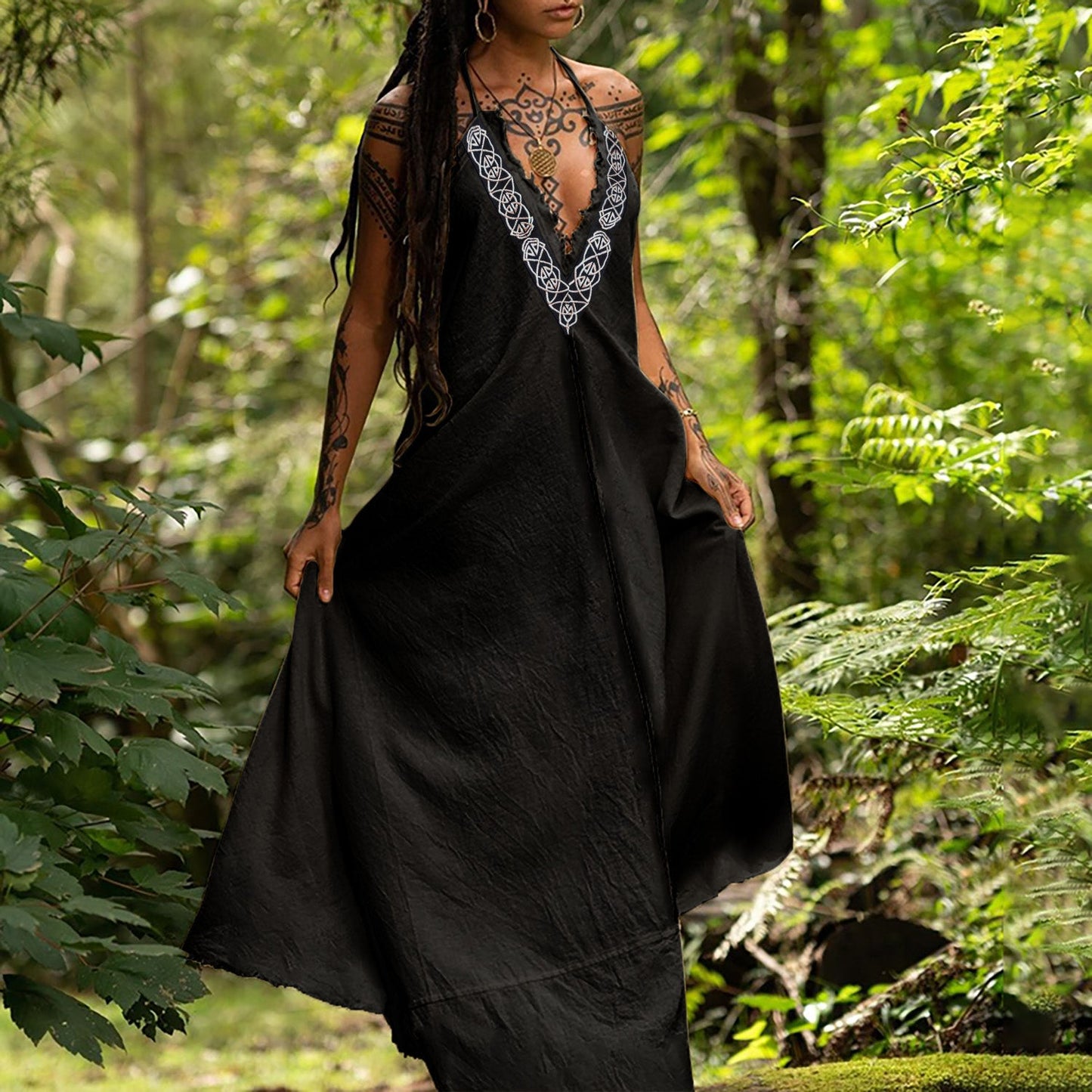 Tribal Celtic Witch Ethnic Sling Cotton And Linen Maxi Dress