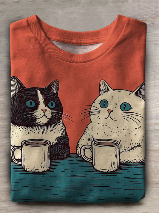 Coffee Cat Print Casual Short Sleeve Top