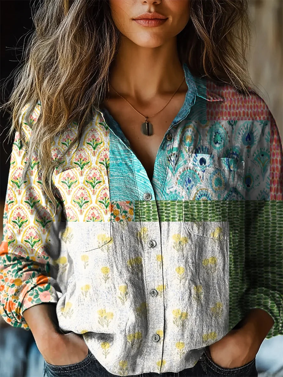 Women's Vintage Floral Patchwork Print Casual Linen V-neck Shirt