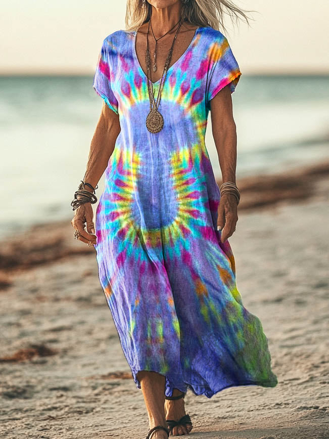 Women's Colorful Tie Dye Print Pocket Cotton Dress