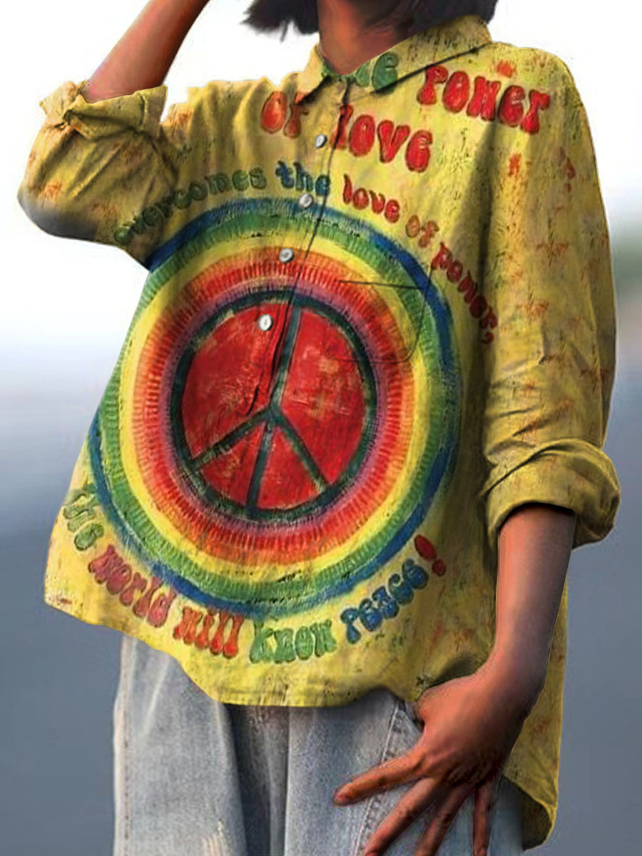 Women's Colorful Anti-war Peace Sign Print Casual Cotton And Linen Shirt