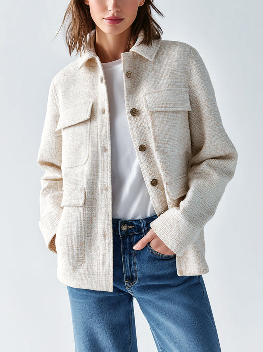 Taidalw Chic Vintage Cream White Tweed Lapel Single-breasted Multi-pocket Fitted Jacket