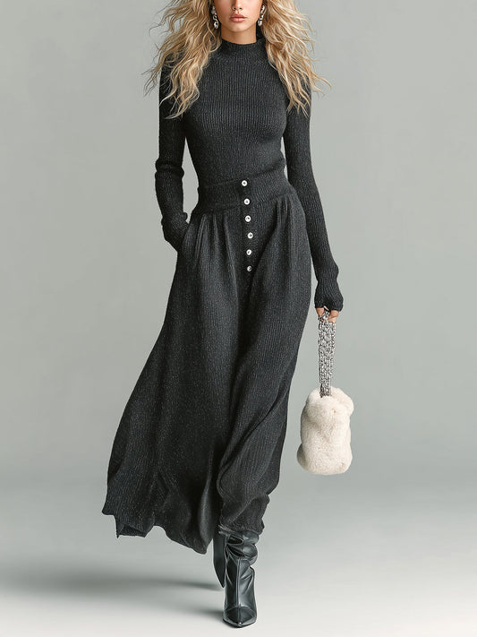 Taidalw Chic Elegant Dark Gray Mock Neck Long Sleeve Slim Fit Ribbed Sweater Button Detailed Maxi Skirt Knit Two-Piece Set