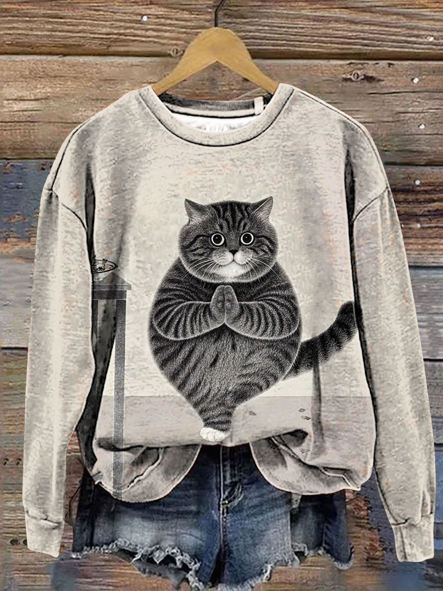 Cute Fat Yoga Cat Art Print Casual Sweatshirt