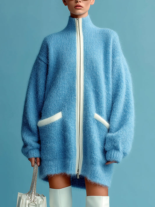 Taidalw Casual Chic Blue Stand Collar Zipper-Front Contrast Trim Oversized Long Sleeve Knit Cardigan