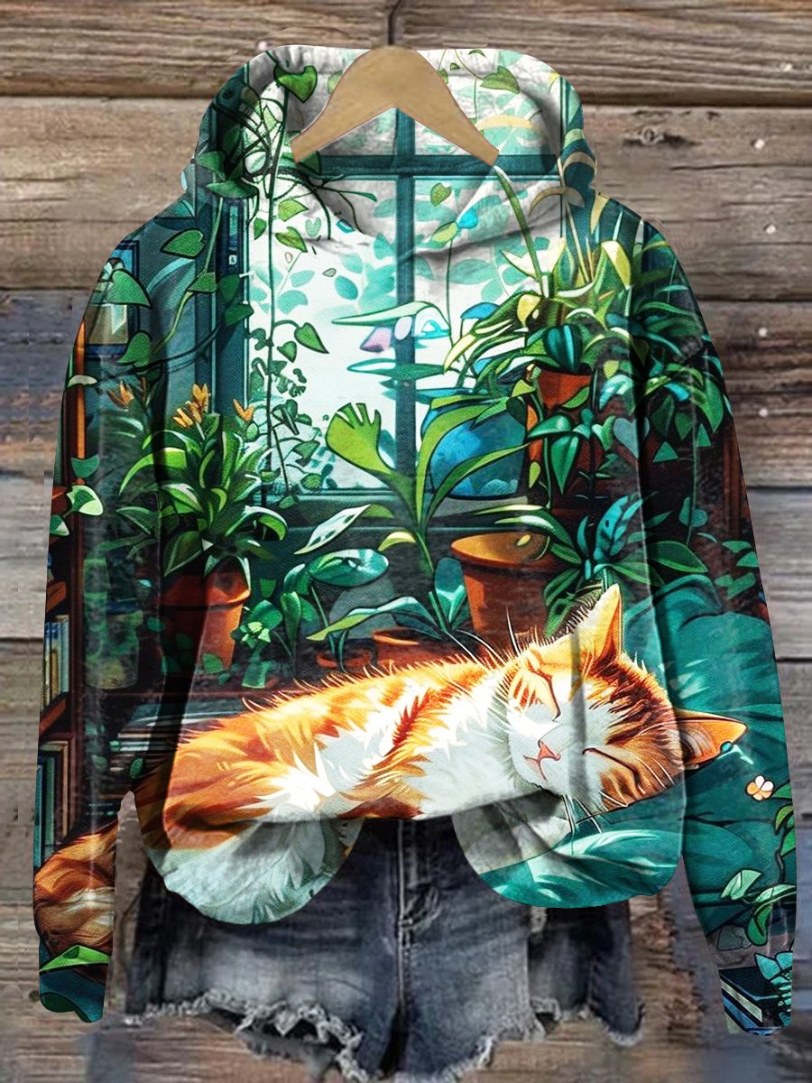 Women's Cat In The Greenhouse Art Print Casual Sweatshirt