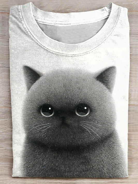 Funny Fluffy Black Cat Art Print Casaul T-shirt