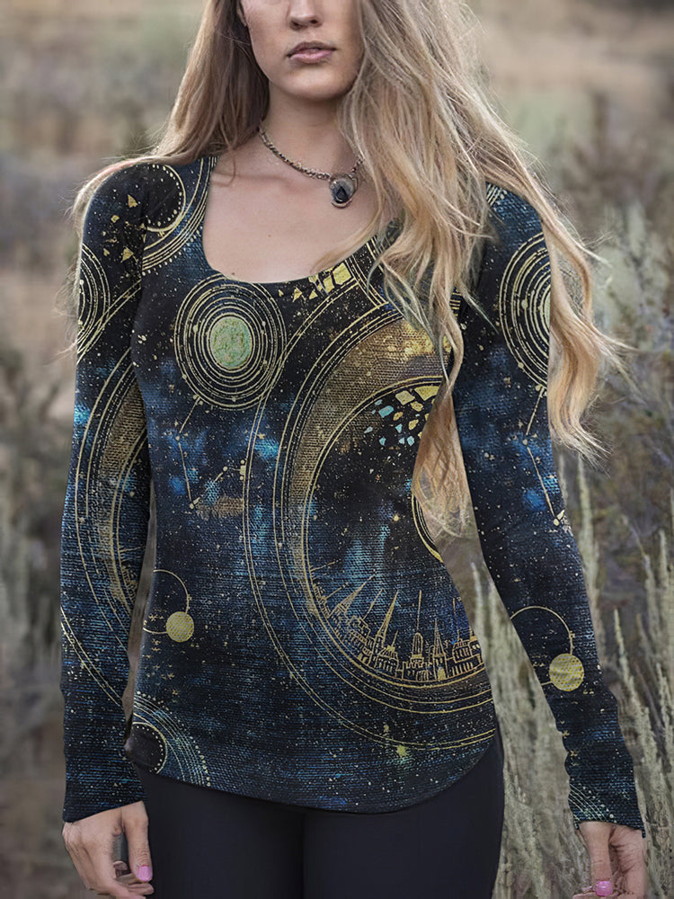 Western Tribal Geometry Print Round Neck Long Sleeve T-Shirt