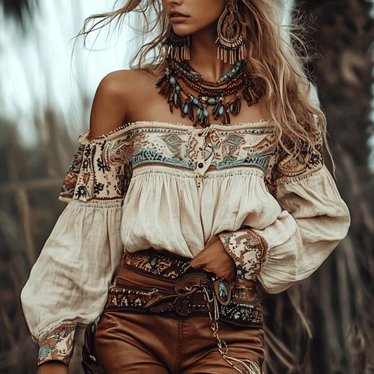 Women's Bohemian Gypsy Print Off Shoulder Shirt