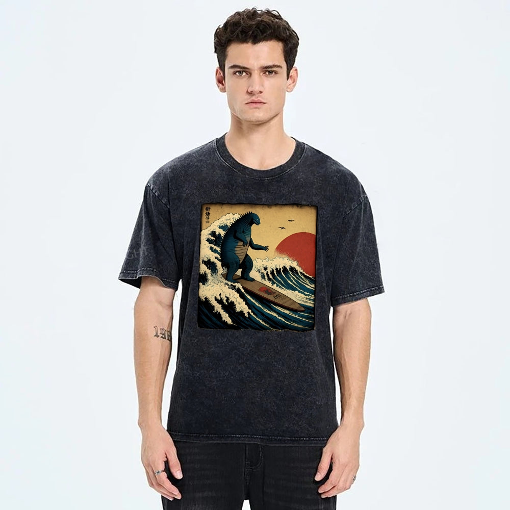 Unisex Vintage Japanese illustration Printed Washed Tee