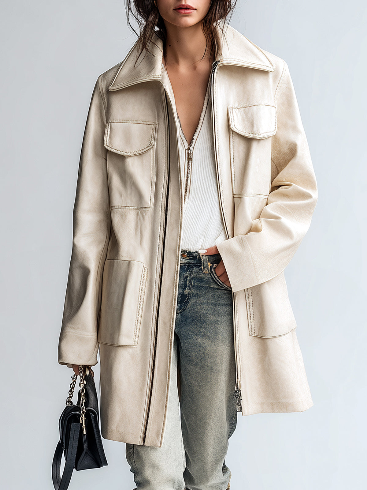 Taidalw Chic Vintage Cream White Faux Leather Oversized Pocket Lapel Zipper- Front Mid-Length Utility Coat