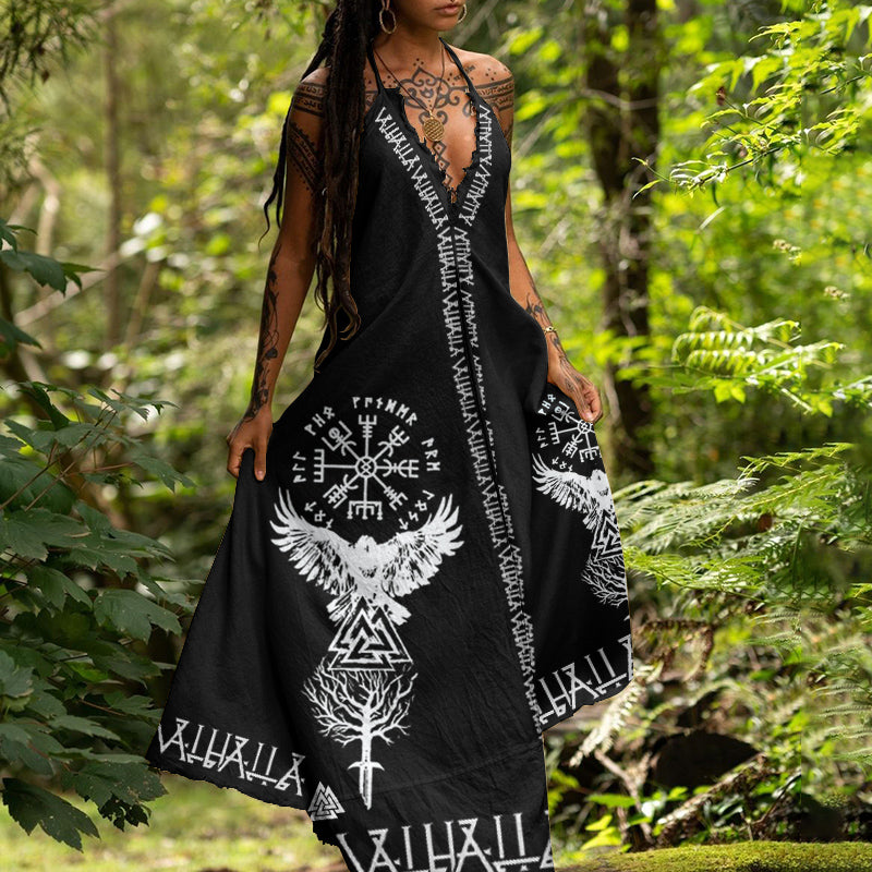 Tribal Viking Bird Tree Of Life Sling Cotton And Linen Maxi Dress