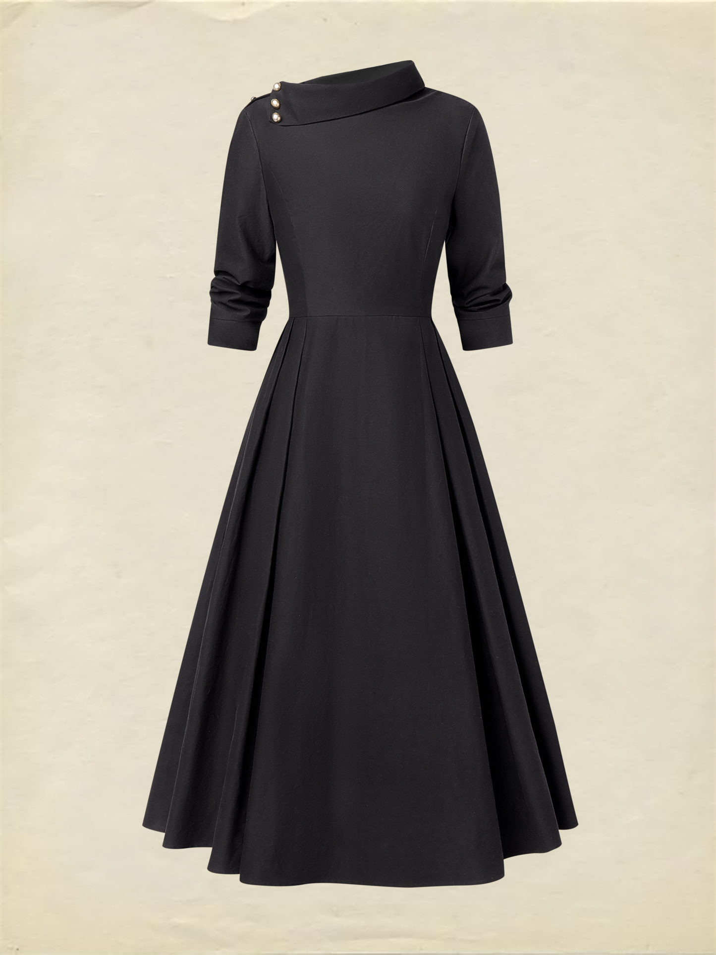 Midi Cotton Dress, Half Sleeve, Shawl Collar, Plain, Pocket Design, Vintage, Black