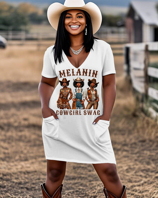 Melanin Cool Cowgirl Swag Casual V-neck Pocket Dress