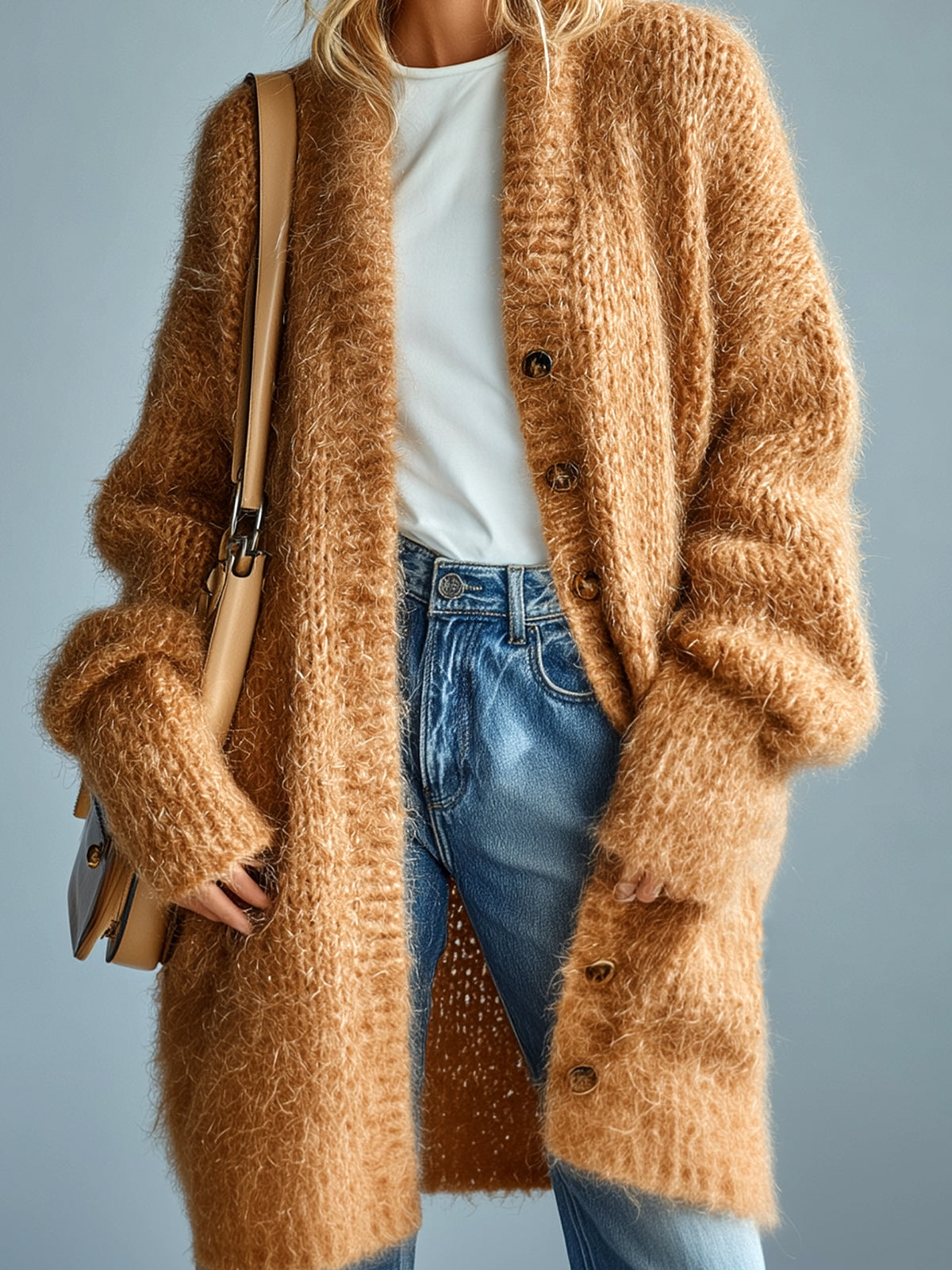 Taidalw Chic Vintage Khaki V-Neck Single-Breasted Long Sleeve Oversized Knit Mid-Length Cardigan