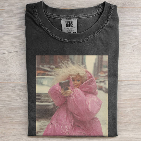 PINK BARBIECORE WITH A GUN VINTAGE TEE