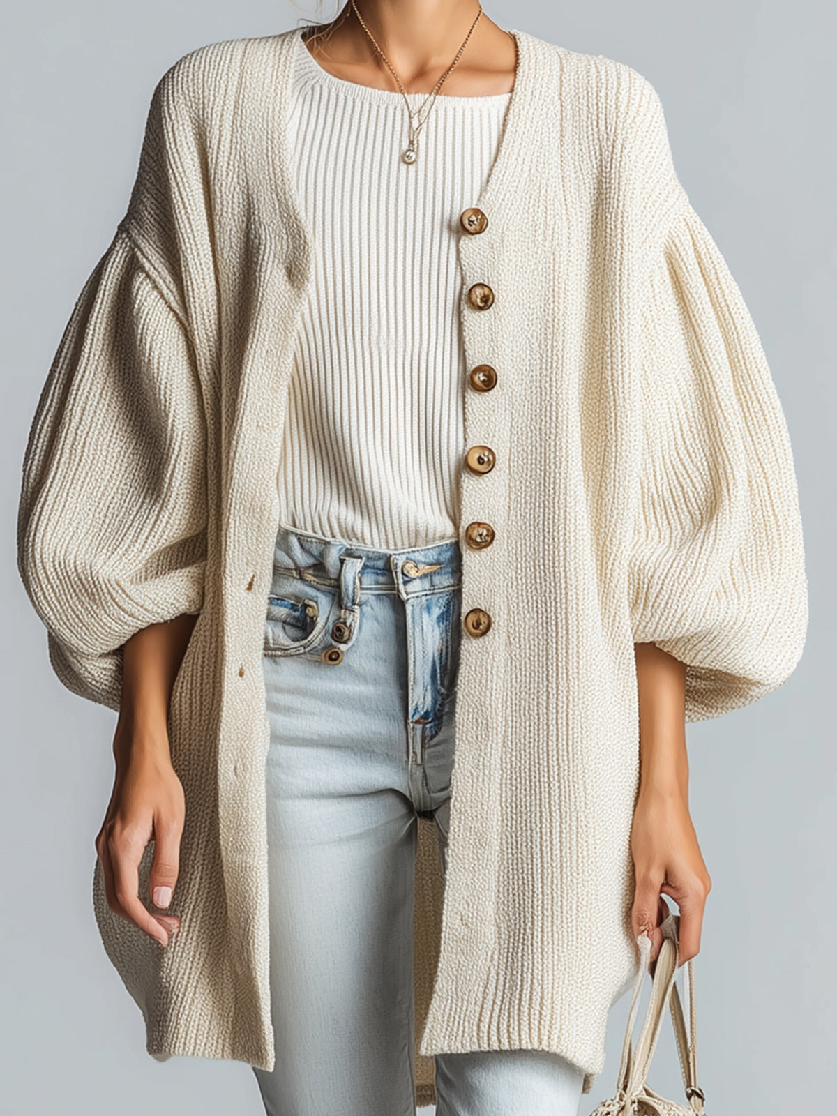 Taidalw Chic Vintage Cream White Puff Sleeve Single-Breasted Oversized Ribbed Mid-Length Knit Cardigan