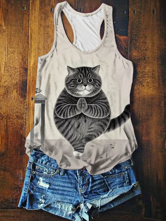 Funny Cute Fat Yoga Cat Art Print Casaul Tank Top